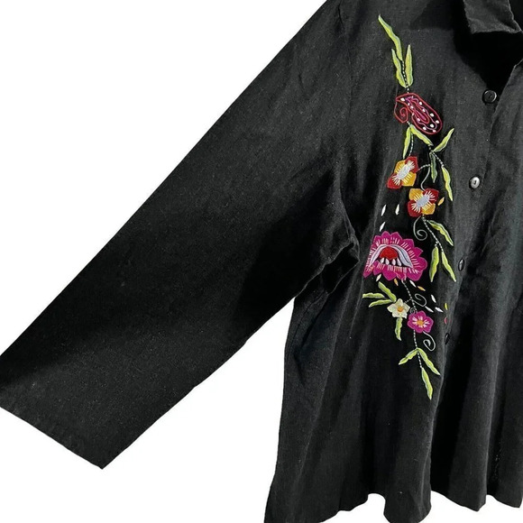A.K.L. Black Linen Blend Colorful Flower Embroidered Button Up Shirt Womens 2X - Picture 3 of 9
